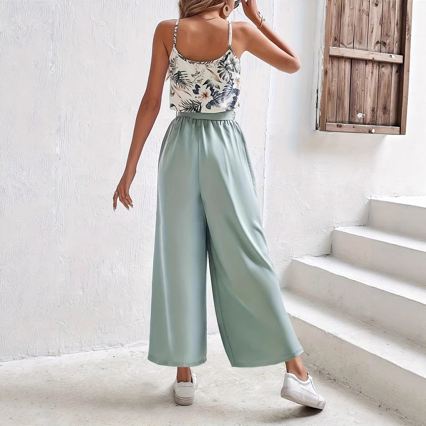 Conjunto informal de top estampado y pantalón con lazo frontal para mujer