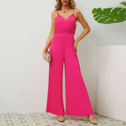 Mono plisado con tirantes y escote en V, color liso, pantalón recto holgado, ropa de mujer