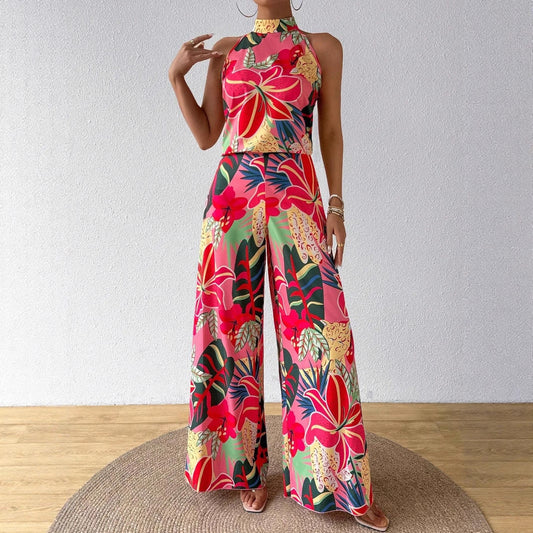 Conjunto de top de tirantes estampado de cuello redondo y pantalón de pierna ancha para mujer.