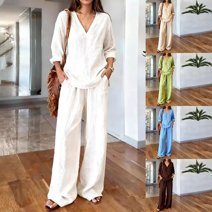 Conjunto de top y pantalón de manga larga de algodón multicolor para mujer, prelavado.