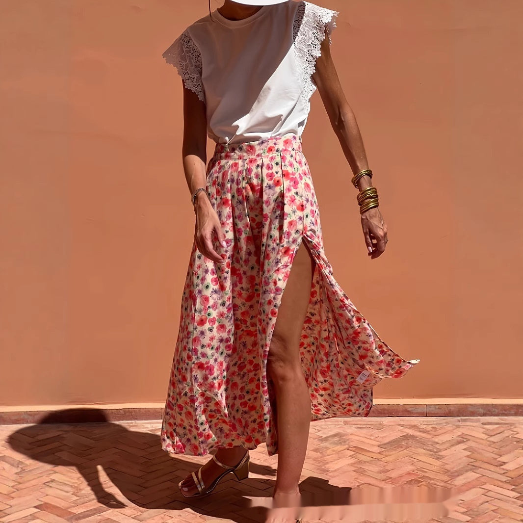Elegante falda larga floral Isabella Sol para uso diario.