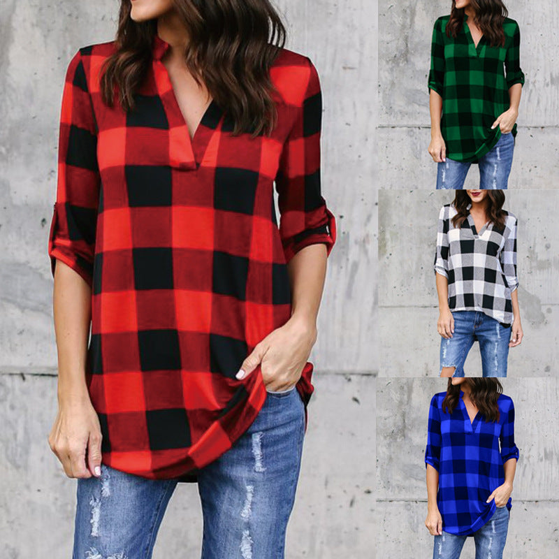Plaid V-Neck Loose Blouse by Isabella Sol