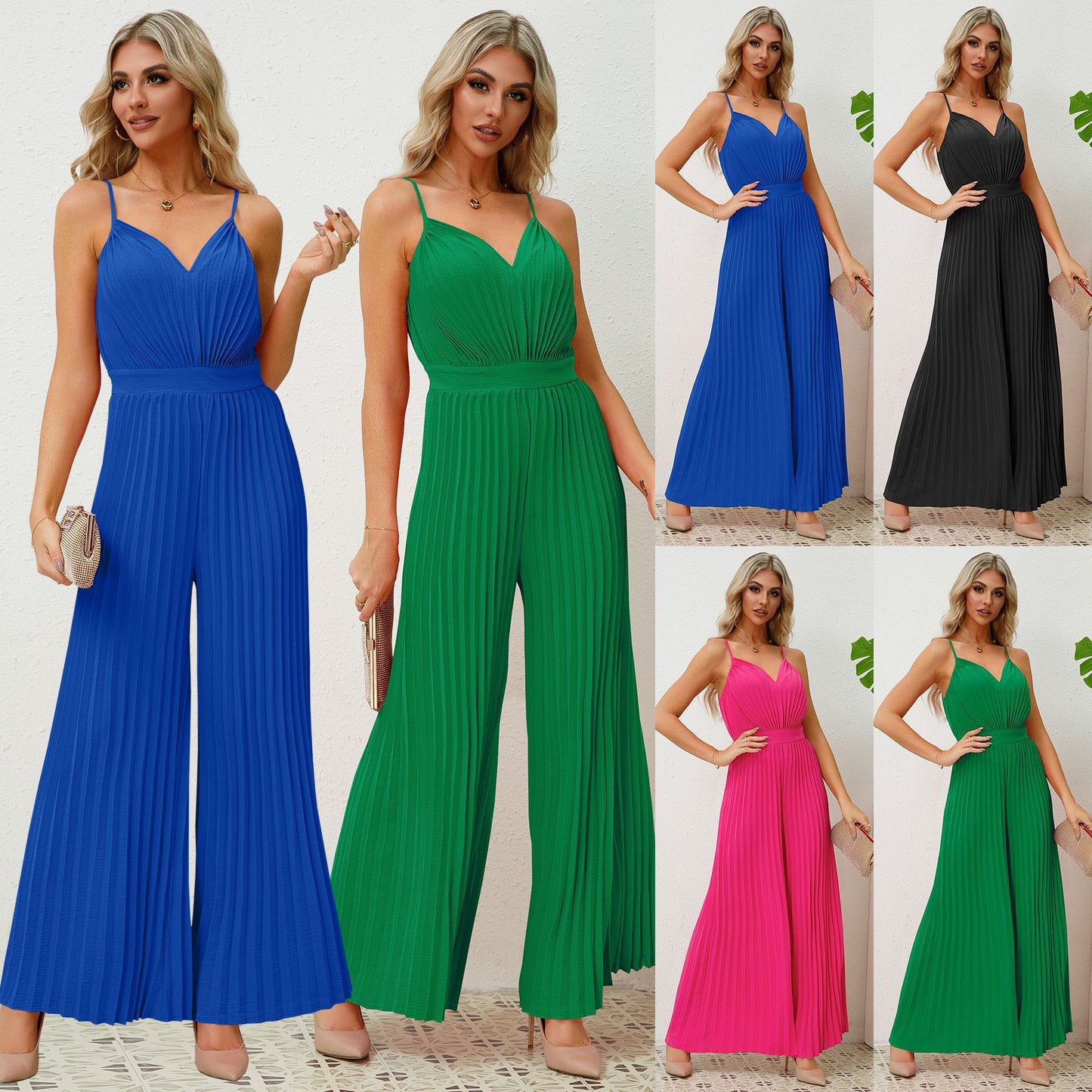 Mono plisado con tirantes y escote en V, color liso, pantalón recto holgado, ropa de mujer