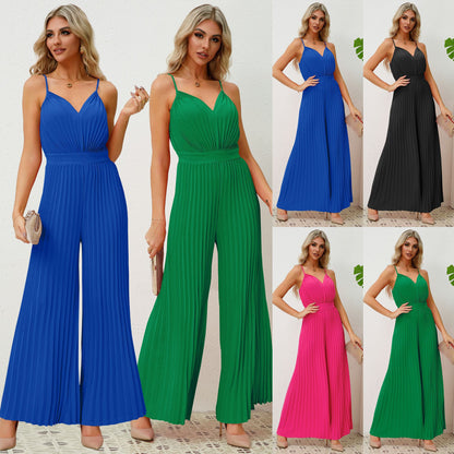Mono plisado con tirantes y escote en V, color liso, pantalón recto holgado, ropa de mujer