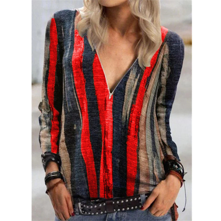 Top con cremallera y cuello en V de Isabella Sol con rayas vibrantes