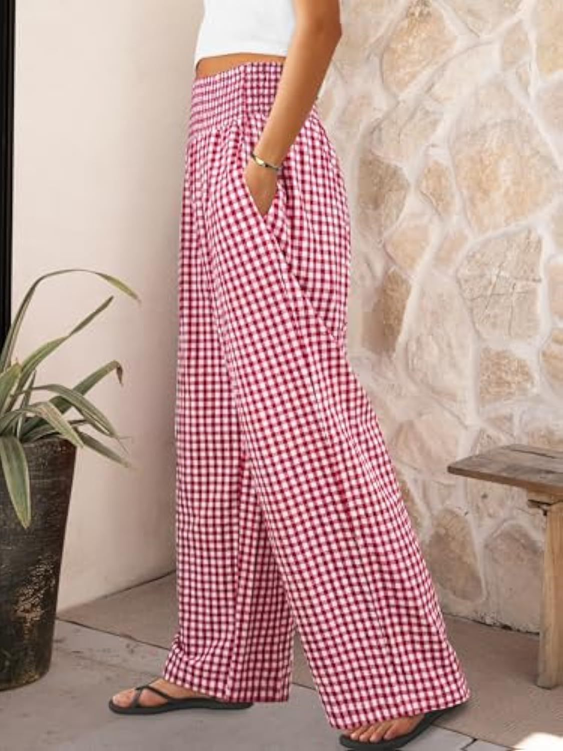 Pantalones casuales a cuadros, corte holgado, pantalones anchos de moda para mujer con bolsillos.