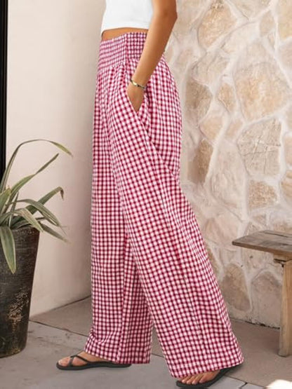 Pantalones casuales a cuadros, corte holgado, pantalones anchos de moda para mujer con bolsillos.