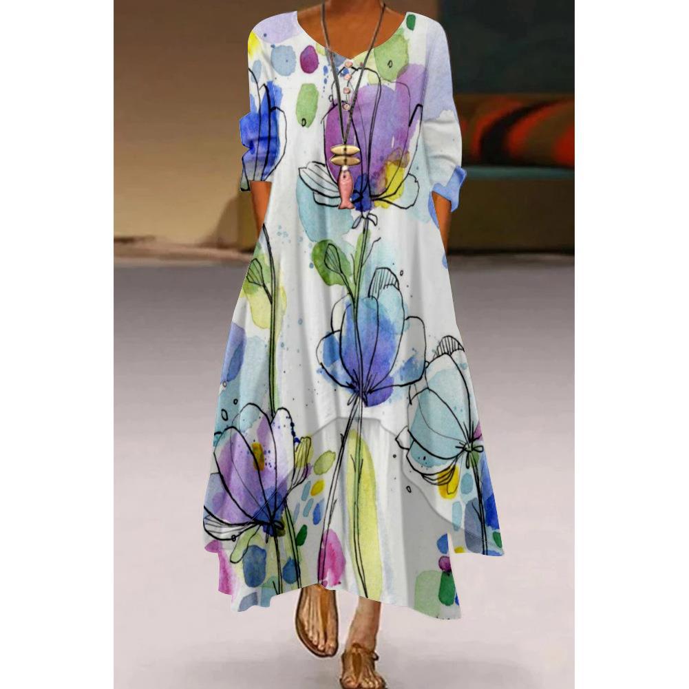 Vestido de vuelo con estampado floral artístico de Isabella Sol.