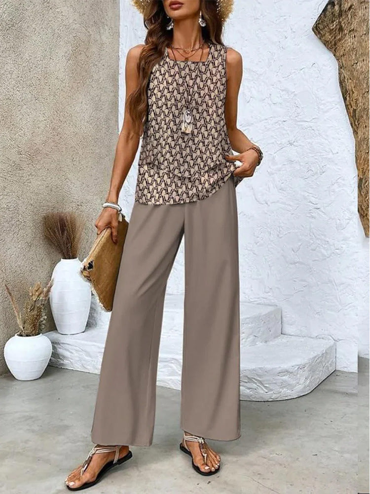 Traje estampado sin mangas, chaleco de doble capa y pantalones rectos holgados para mujer.