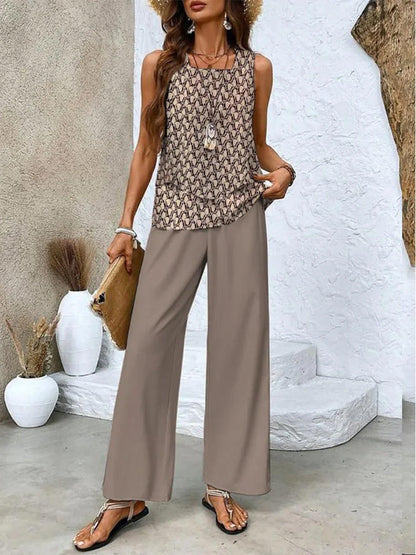 Traje estampado sin mangas, chaleco de doble capa y pantalones rectos holgados para mujer.