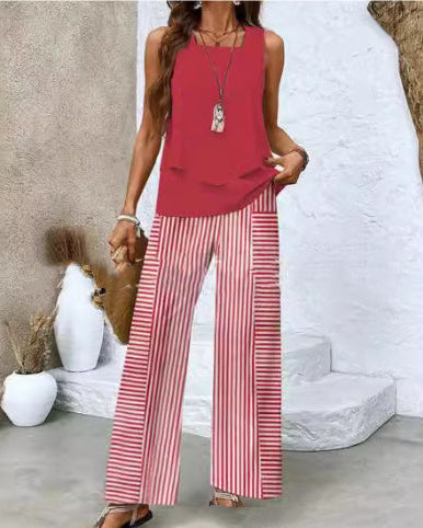 Traje estampado sin mangas, chaleco de doble capa y pantalones rectos holgados para mujer.