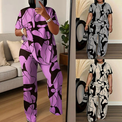Conjunto de dos piezas cómodo para estar en casa con estampado abstracto y talla grande de Isabella