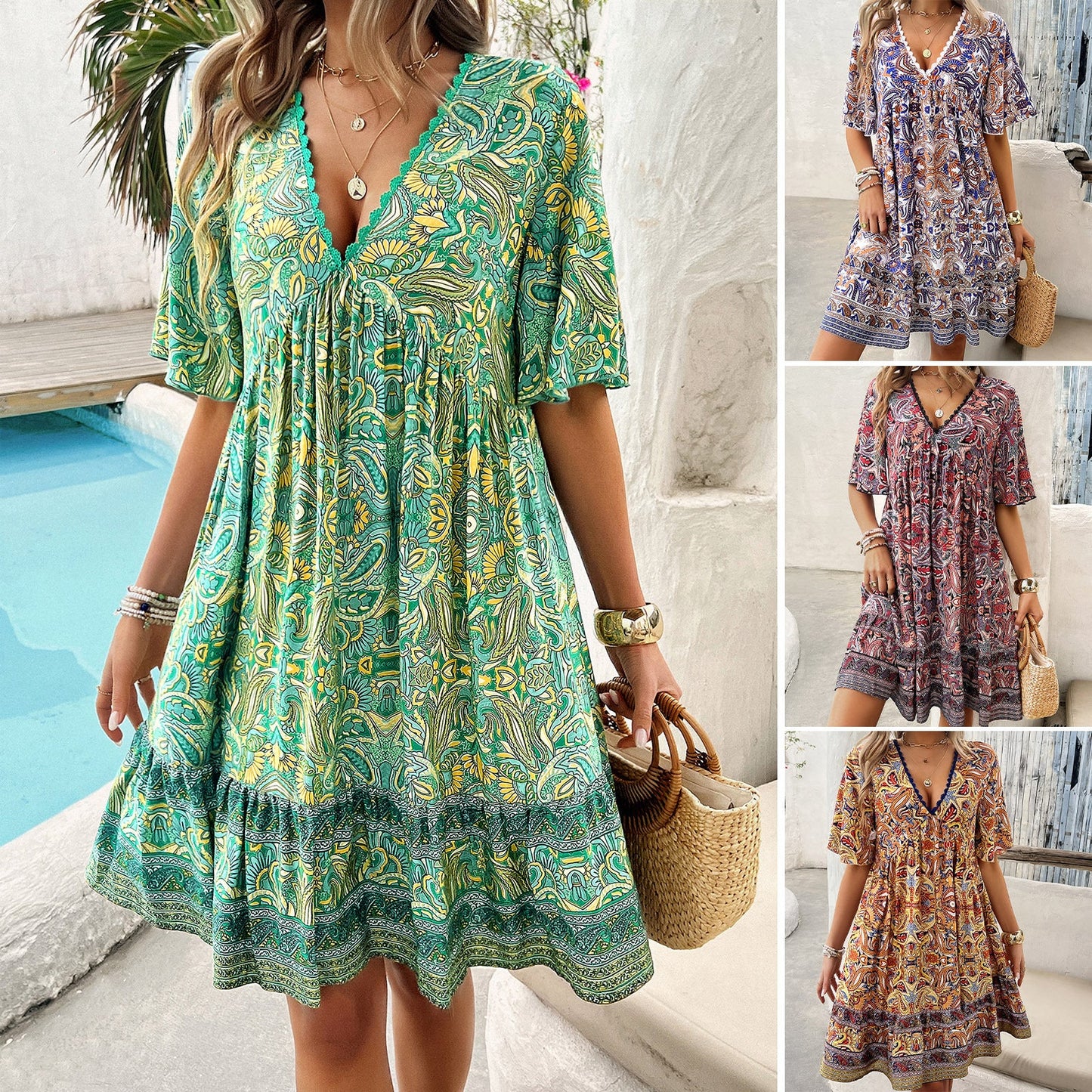Vestido bohemio estampado con escote en V de Isabella Sol