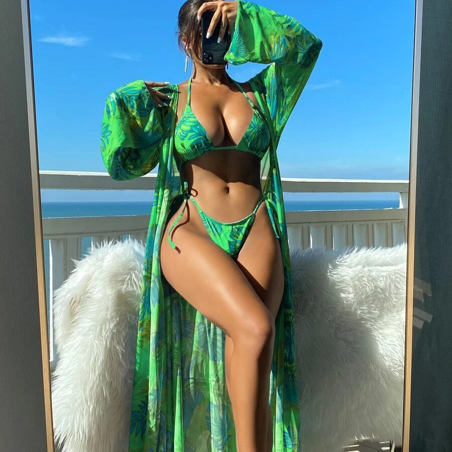 Conjunto de bikini de manga larga Isabella Sol con estampado floral vibrante