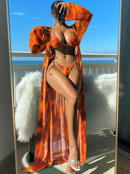 Conjunto de bikini de manga larga Isabella Sol con estampado floral vibrante