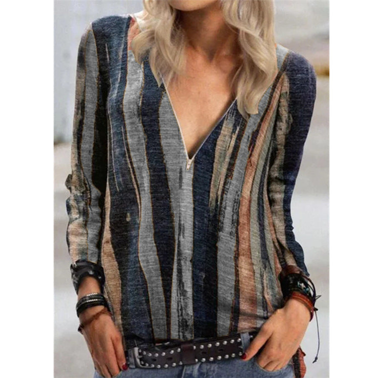 Top con cremallera y cuello en V de Isabella Sol con rayas vibrantes