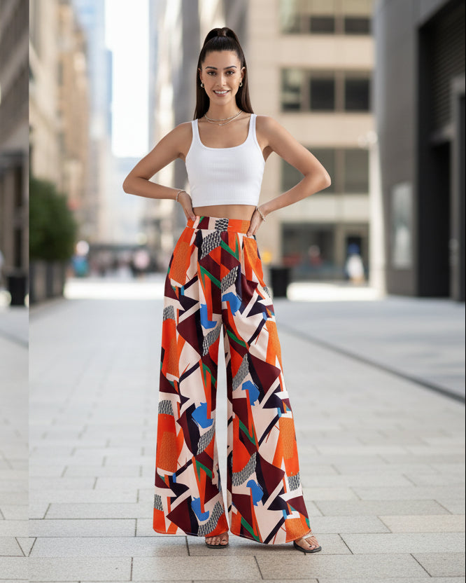 Pantalones acampanados Isabella Sol con estampado vibrante