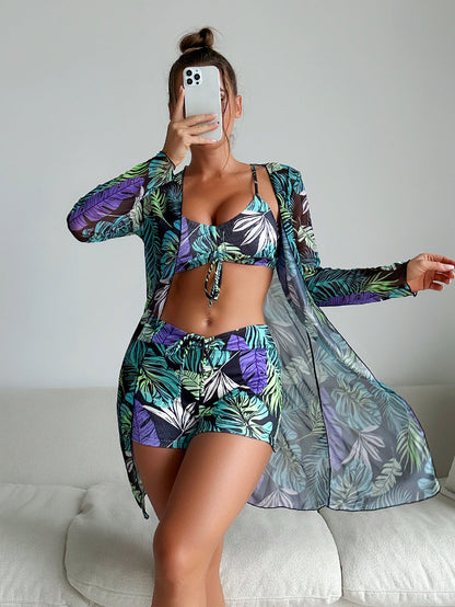 Conjunto de bikini de tres piezas Isabella Sol con estampado vibrante
