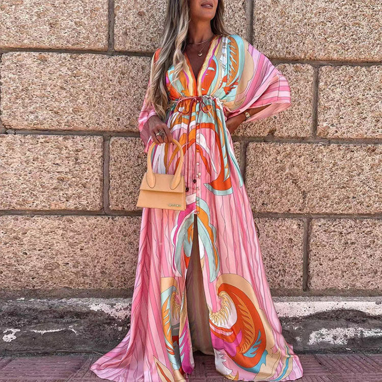 Vibrant V-Neck Lace-Up Maxi Dress by Isabella Sol