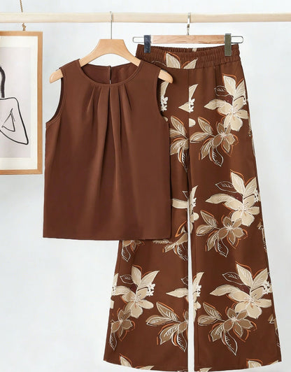 Conjunto de dos piezas para mujer: top sin mangas irregular y pantalón estampado a la moda.