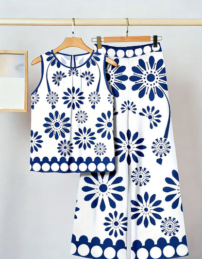 Conjunto de dos piezas para mujer: top sin mangas irregular y pantalón estampado a la moda.