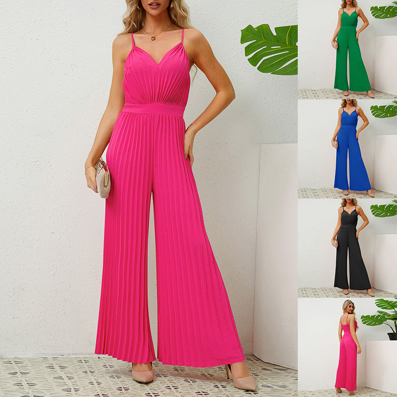 Mono plisado con tirantes y escote en V, color liso, pantalón recto holgado, ropa de mujer