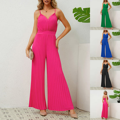 Mono plisado con tirantes y escote en V, color liso, pantalón recto holgado, ropa de mujer