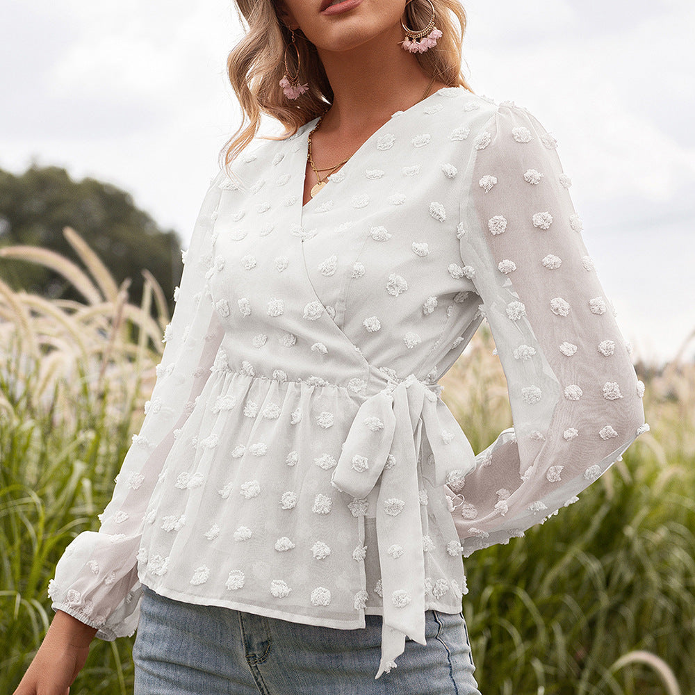 Elegant Jacquard V-Neck Blouse by Isabella Sol
