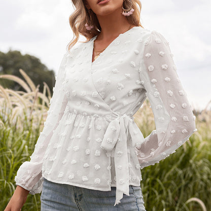 Elegante blusa jacquard con escote en V de Isabella Sol.