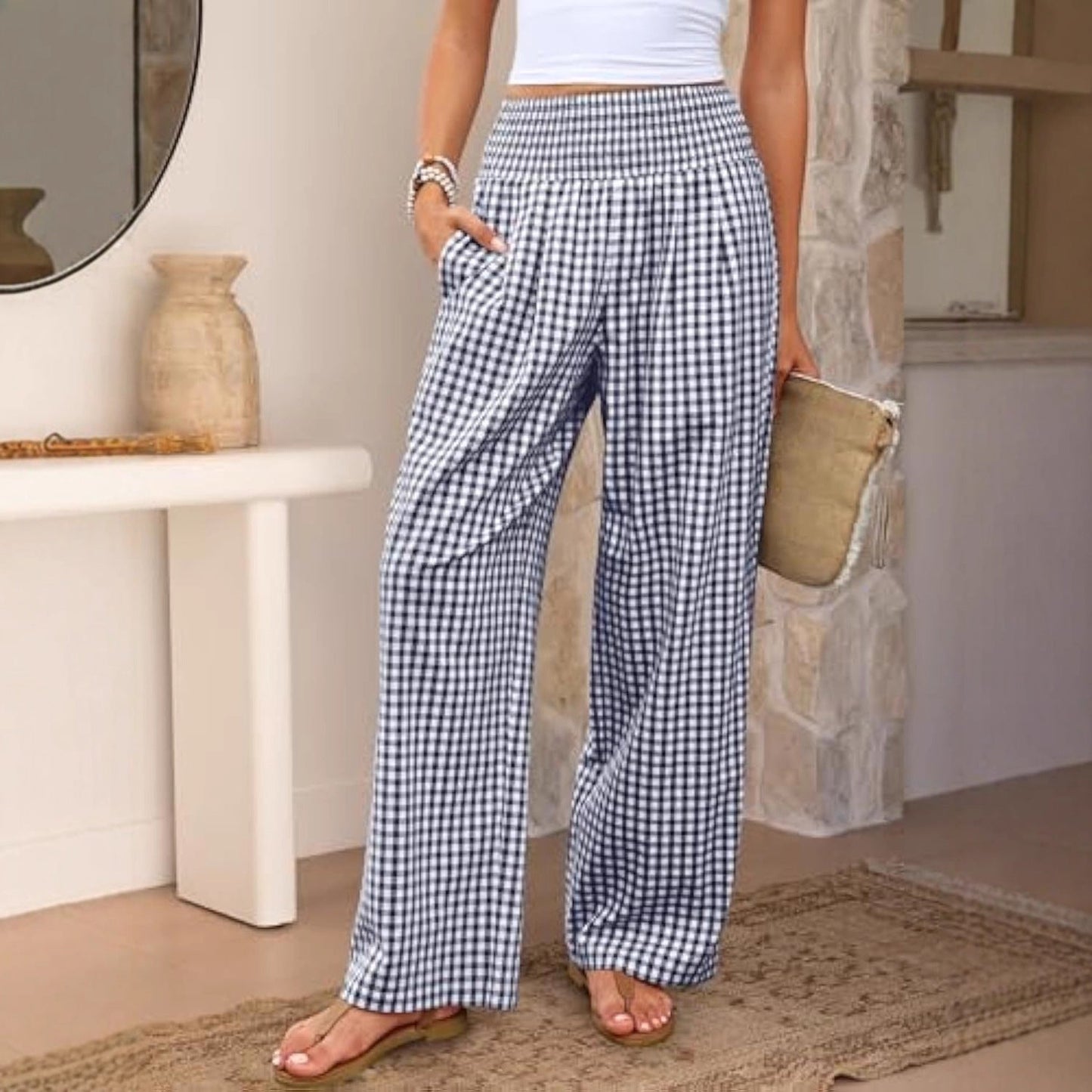 Pantalones casuales a cuadros, corte holgado, pantalones anchos de moda para mujer con bolsillos.