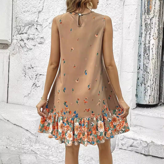Vestido caqui sin mangas con estampado floral de Isabella Sol.