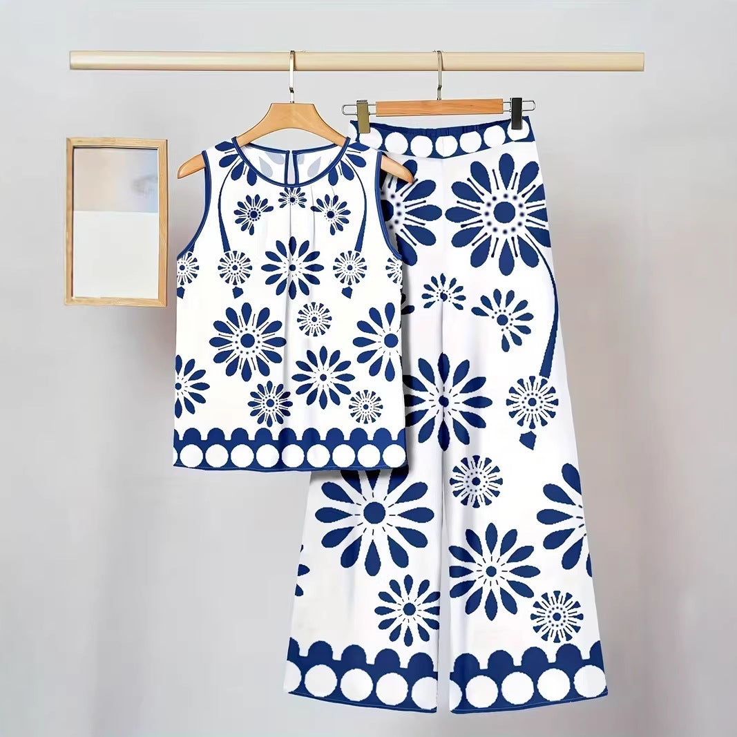 Conjunto de dos piezas para mujer: top sin mangas irregular y pantalón estampado a la moda.