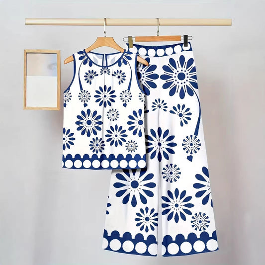 Conjunto de dos piezas para mujer: top sin mangas irregular y pantalón estampado a la moda.
