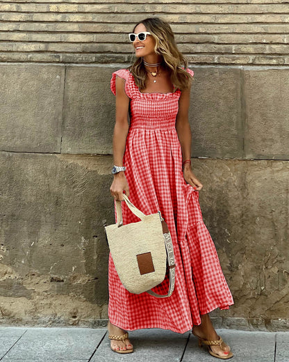 Vestido largo a cuadros con volantes de Isabella Sol