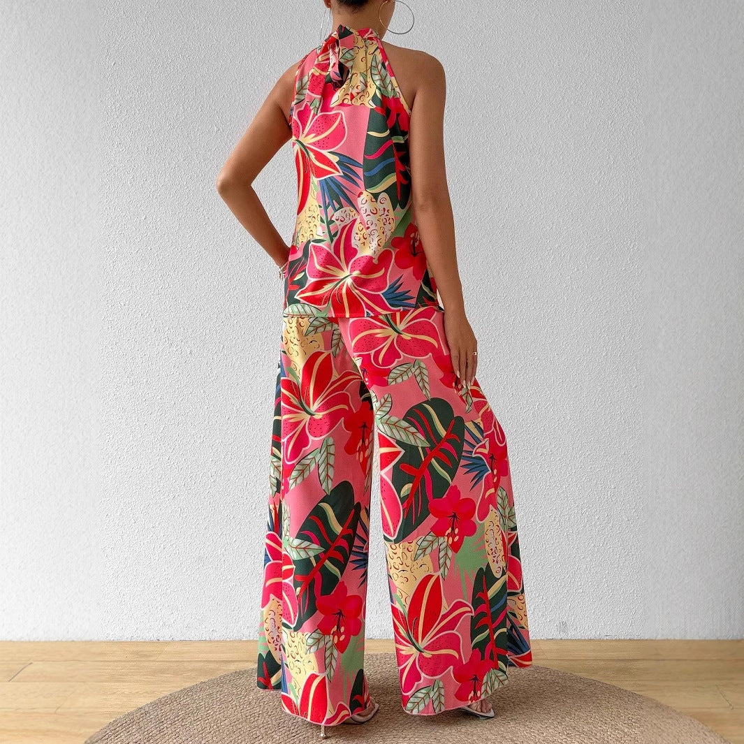 Conjunto de top de tirantes estampado de cuello redondo y pantalón de pierna ancha para mujer.