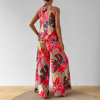 Conjunto de top de tirantes estampado de cuello redondo y pantalón de pierna ancha para mujer.
