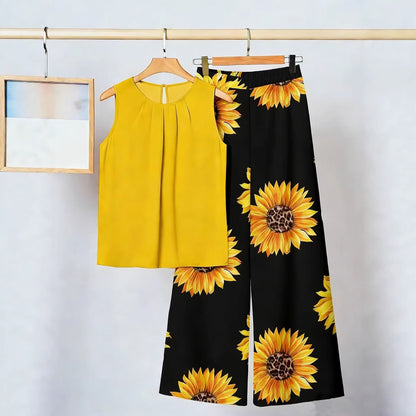 Conjunto de dos piezas para mujer: top sin mangas irregular y pantalón estampado a la moda.
