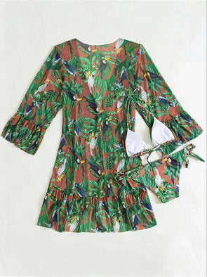 Conjunto de bikini kimono Isabella Sol con estampado tropical