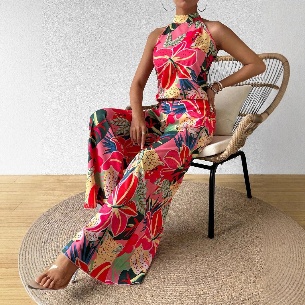 Conjunto de top de tirantes estampado de cuello redondo y pantalón de pierna ancha para mujer.