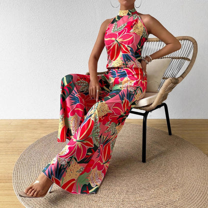 Conjunto de top de tirantes estampado de cuello redondo y pantalón de pierna ancha para mujer.