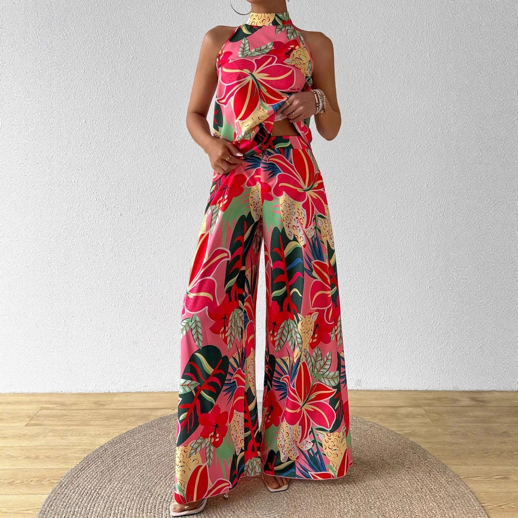 Conjunto de top de tirantes estampado de cuello redondo y pantalón de pierna ancha para mujer.