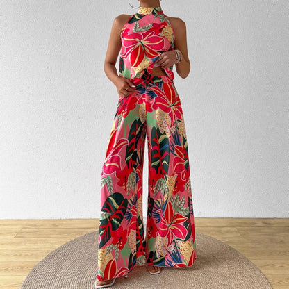 Conjunto de top de tirantes estampado de cuello redondo y pantalón de pierna ancha para mujer.