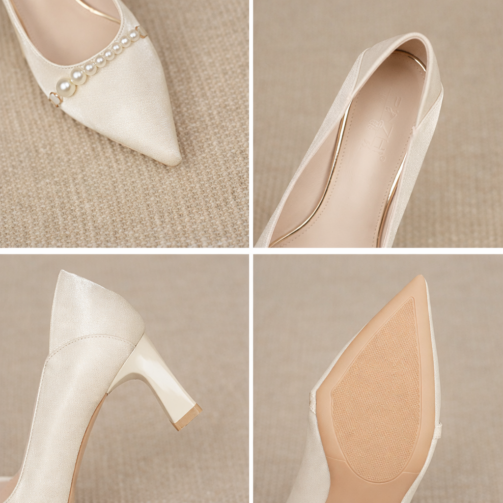 Elegantes zapatos de tacón de punta con perlas de Isabella Sol.