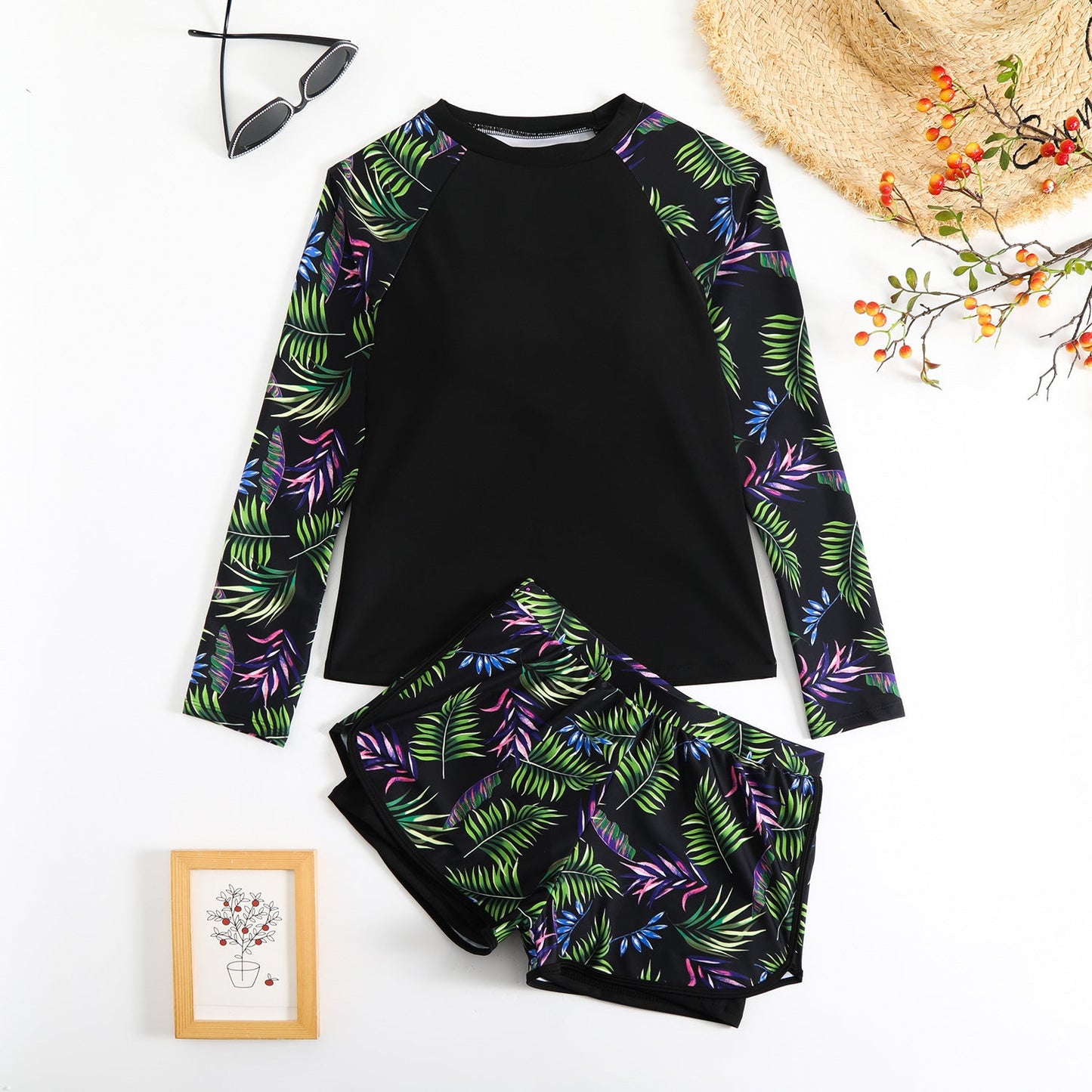 Conjunto de tankini de manga larga con estampado de hojas de Isabella Sol