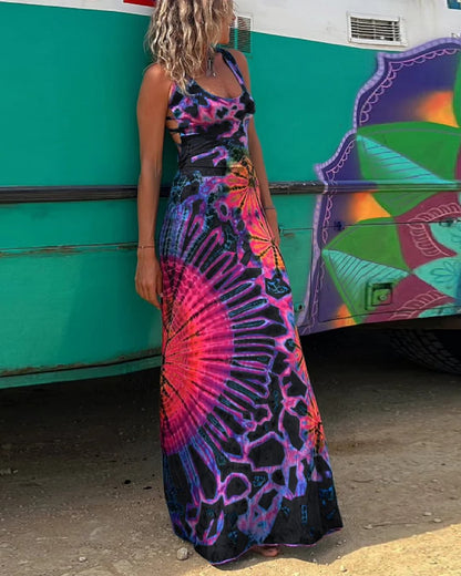Vestido largo sin espalda con estampado geométrico vibrante de Isabella Sol