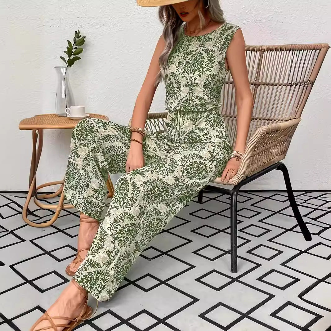 Conjunto de top sin mangas estampado y pantalón de pierna ancha para mujer.