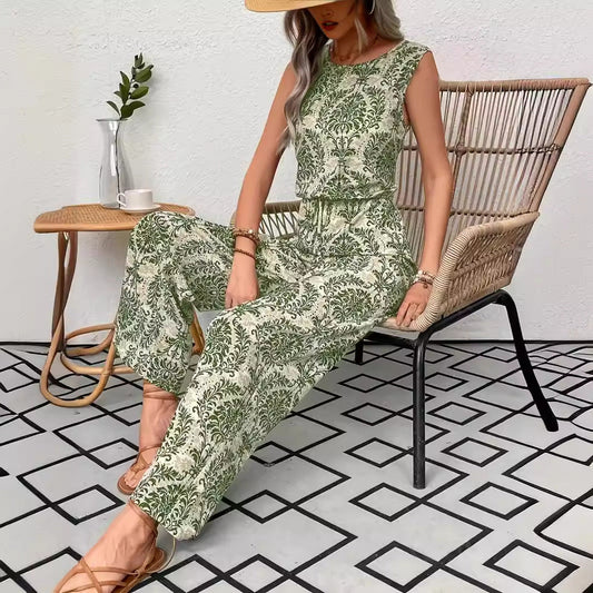 Conjunto de top sin mangas estampado y pantalón de pierna ancha para mujer.