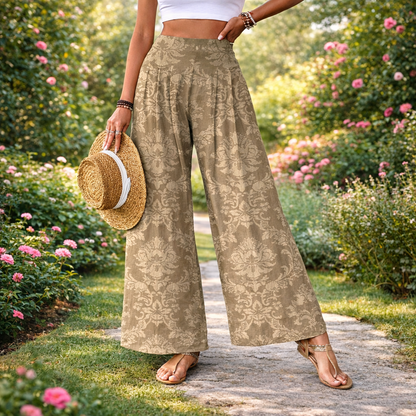 Elegantes pantalones de talle alto con estampado floral de Isabella Sol.
