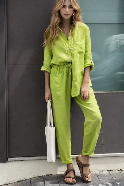 Conjunto elegante de algodón y lino con pantalones de talle alto Isabella Sol.
