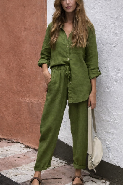 Conjunto elegante de algodón y lino con pantalones de talle alto Isabella Sol.